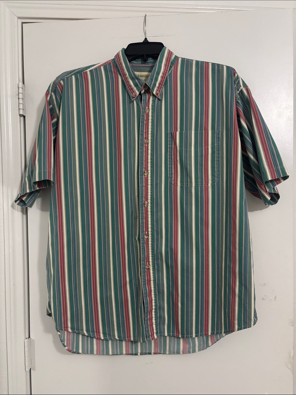 Vintage 90s Short-Sleeve Button-Down Shirt - Teal/Red/White/Tan/Blue